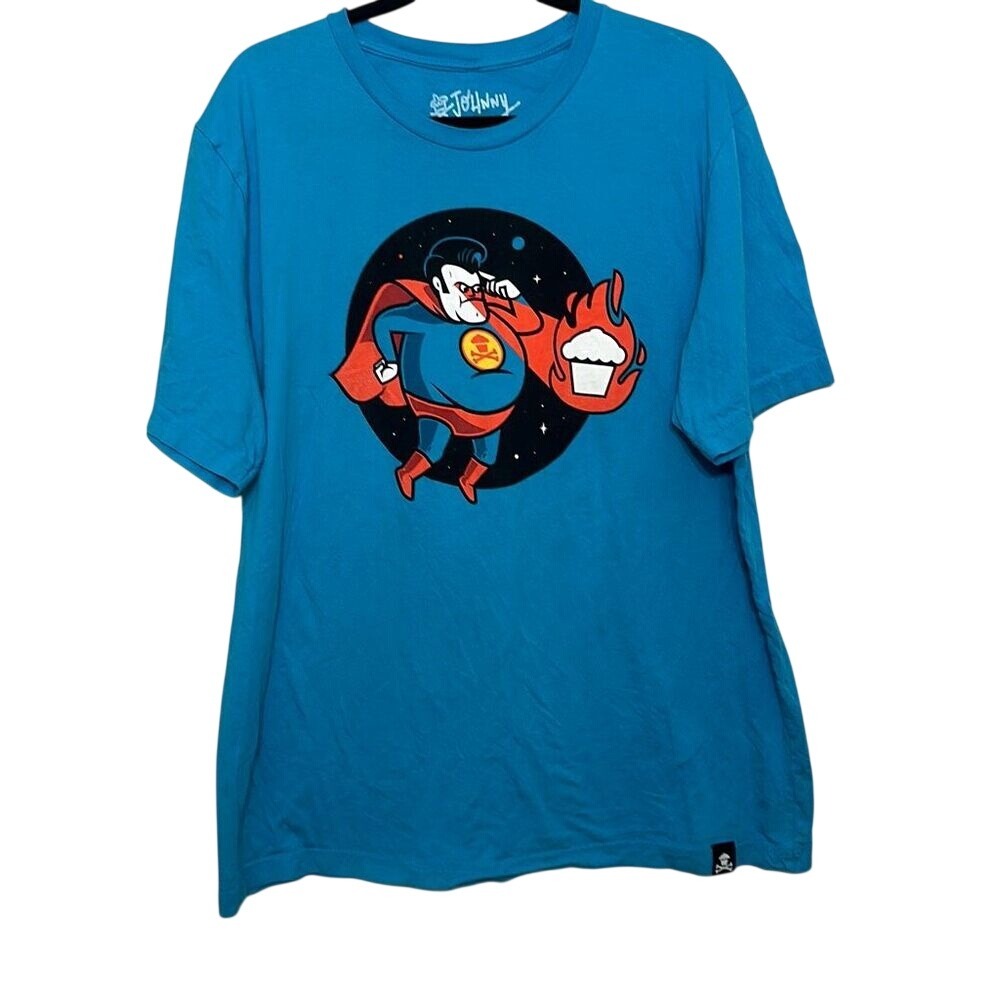 Johnny Cupcakes Mens Blue Graphic Fat Superman‎ Short Sleeve Cotton T-Shirt 2XL
